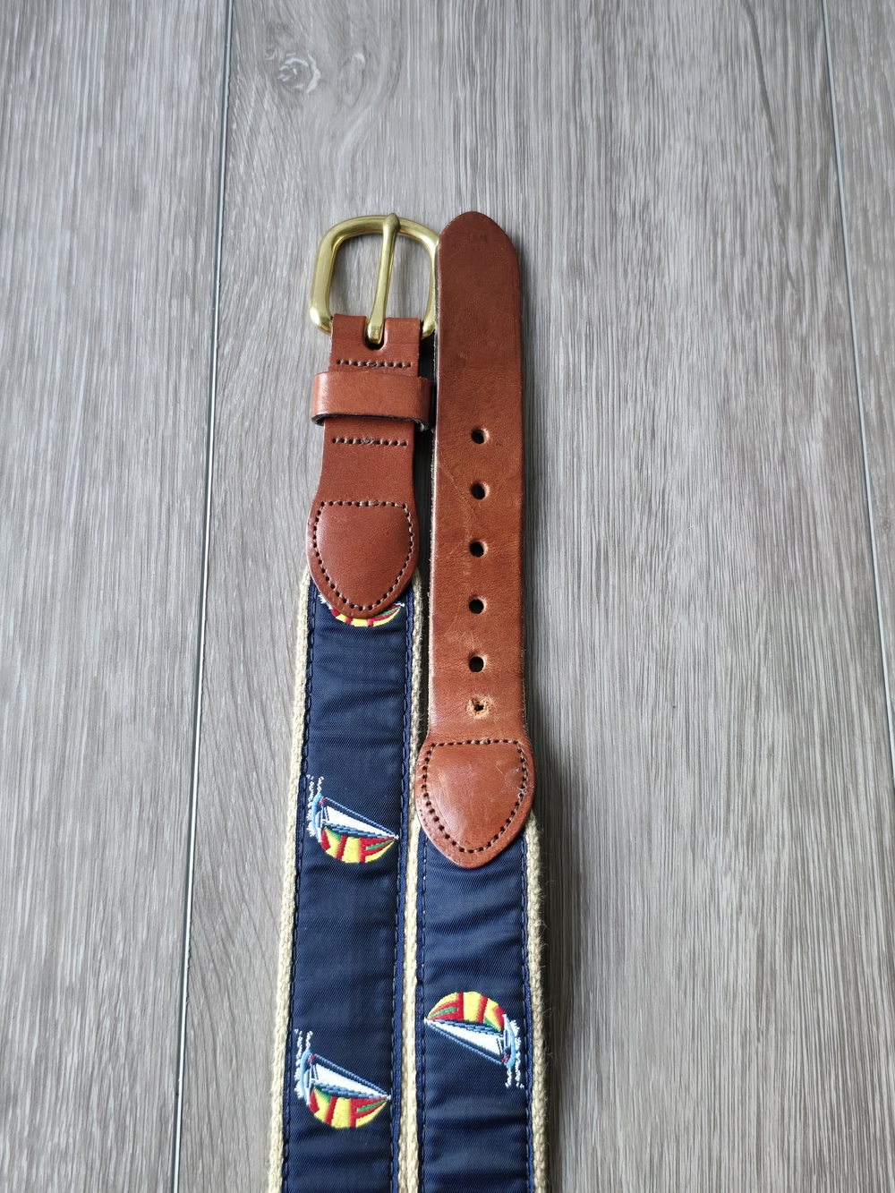 Leather Man Ltd Essex CT Sailboat Belt Navy Canvas Brass Buckle Size 40